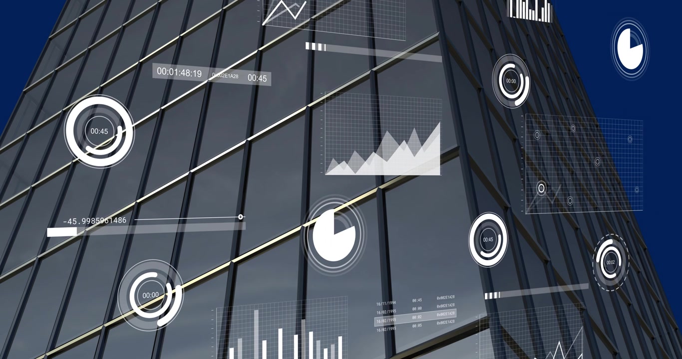 Skyscraper facade displaying data overlays with circular timers, pie chart and numeric readouts