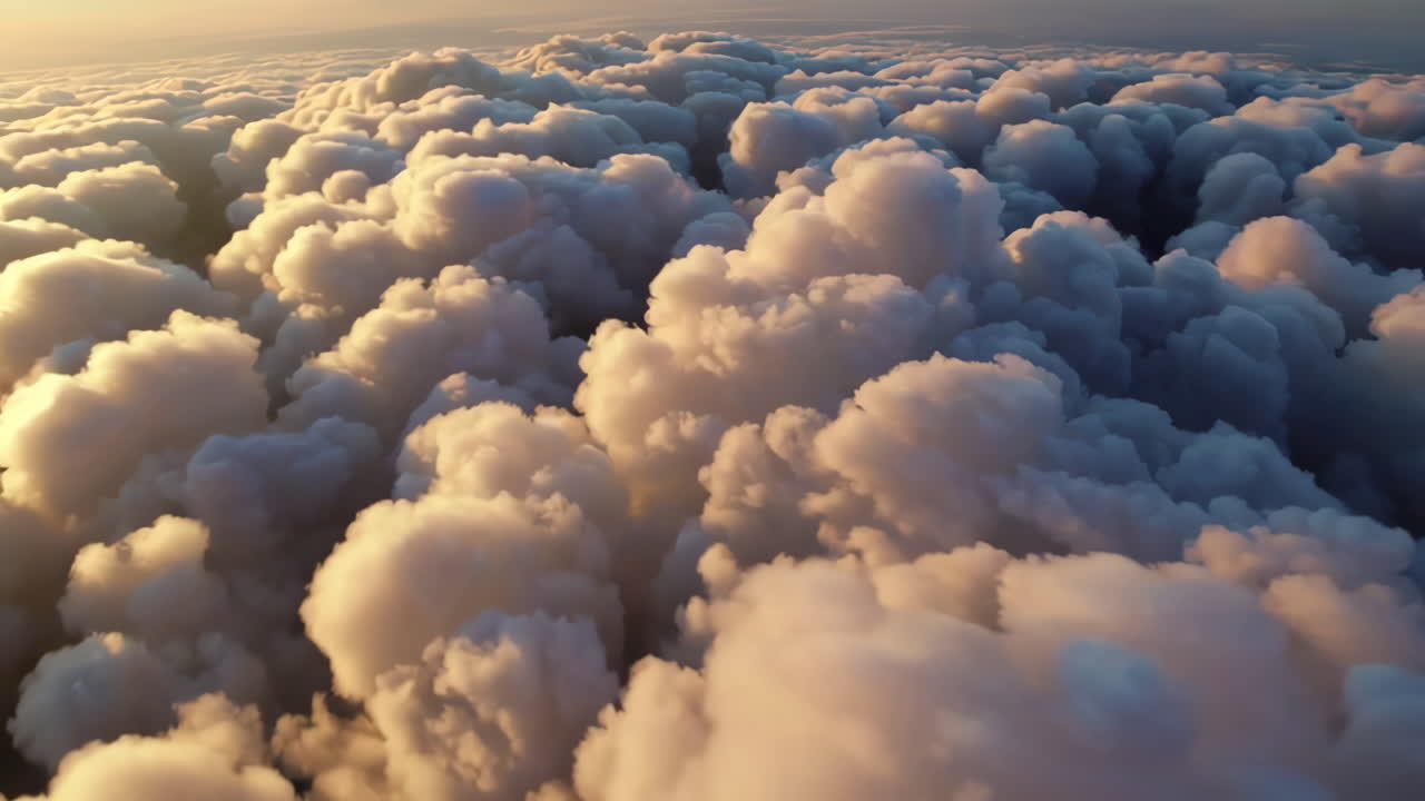 Aerial View of Fluffy Clouds at Sunset