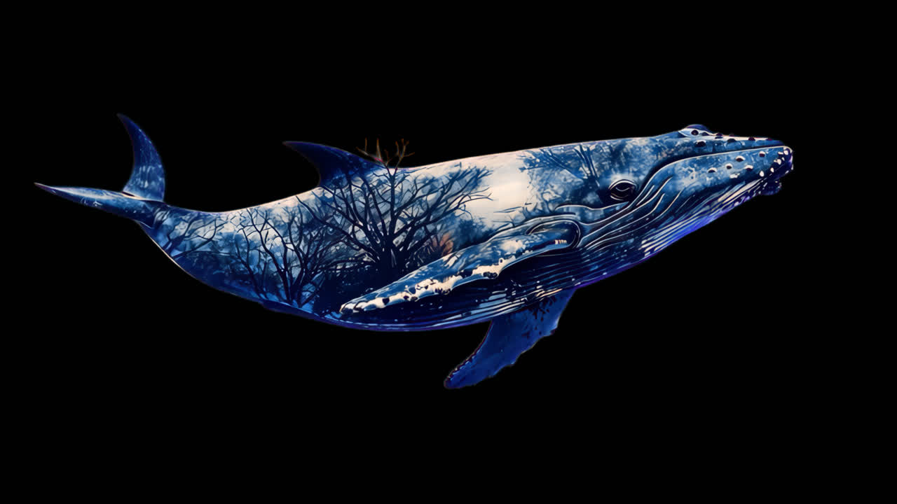 Surreal whale forest animation isolated asset, transparent 4K video, alpha channel, ProRes 4444