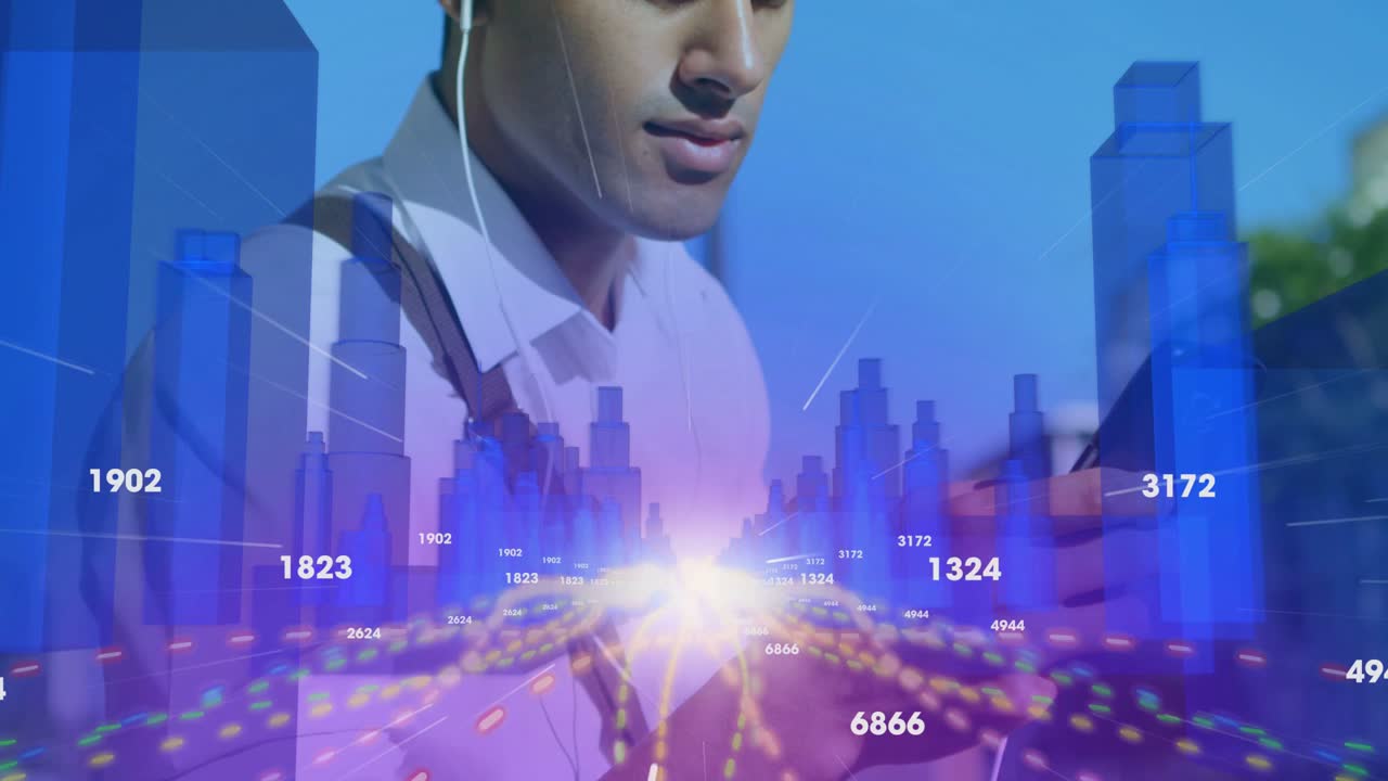 屋外で男性が視線を落としスマートフォンを操作。ナビゲーション用の都市データオーバーレイがアニメーション表示される様子。