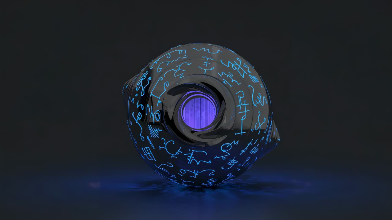 Playback starting rotating glossy orb in studio revealing cyan glyphs, purple core, blue floor glow
