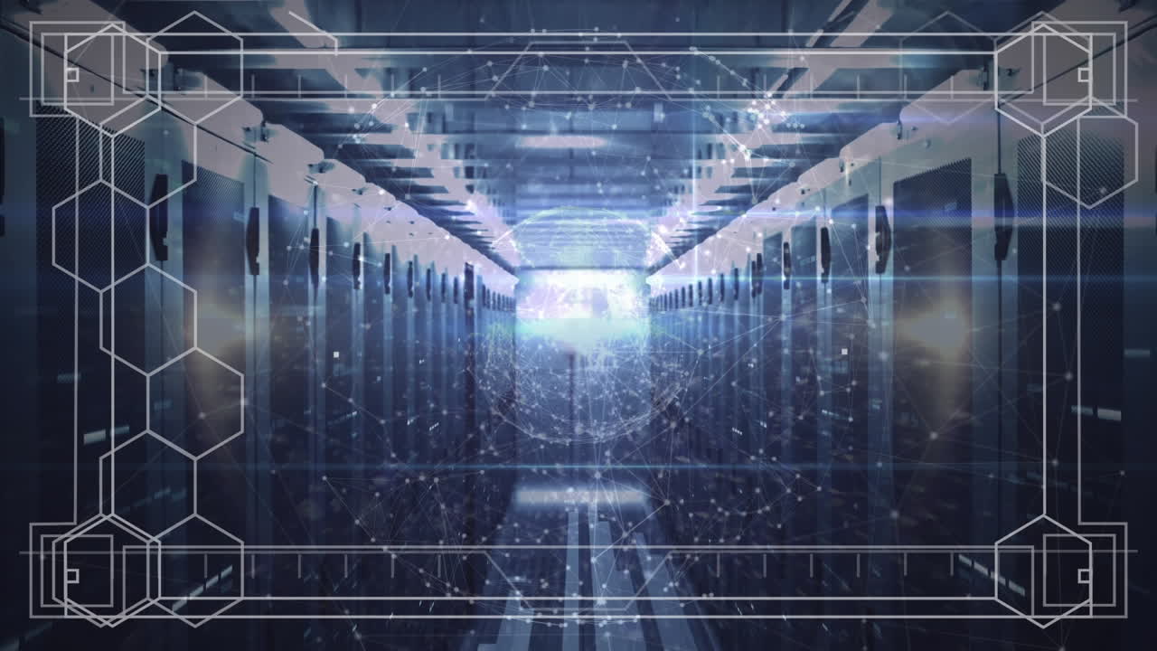 Animation of data processing and network of screens over computer servers in background