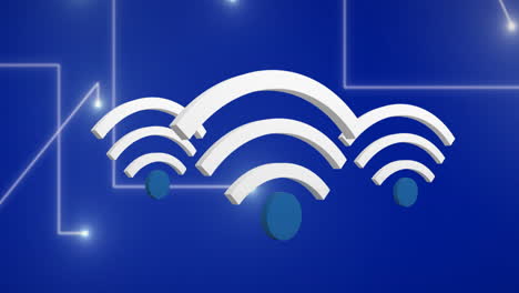 animation of wifi digital icons flying over blue background