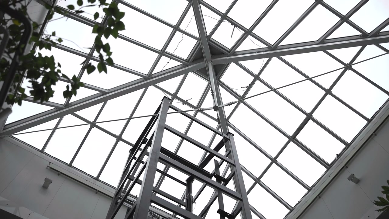 Interior floor perspective follows steel scaffold and ladder rising toward geometric diamond-grid skylight as camera glides upward, revealing crossbars, muted backlight, plant foreground, and depth