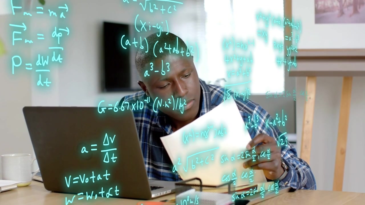 Male physics researcher comparing laptop paper while teal formulas appearing, checking calculations