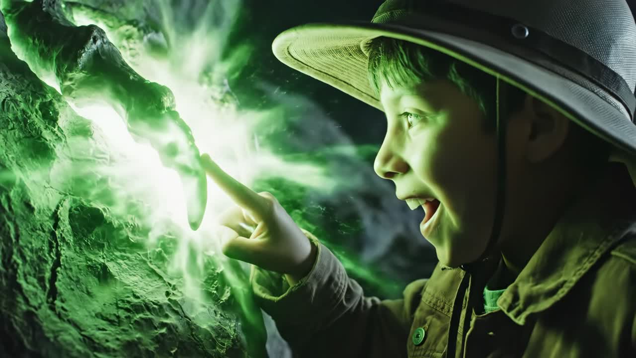 Boy Discovering a Glowing Rock in a Cave