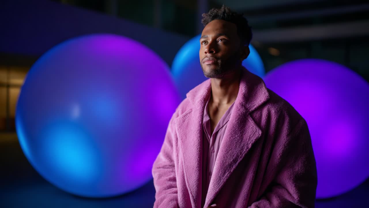 A stylish individual wearing a cozy pink coat stands confidently amidst large glowing spheres, showcasing a vibrant blend of colors and an artistic ambiance in a contemporary indoor setting
