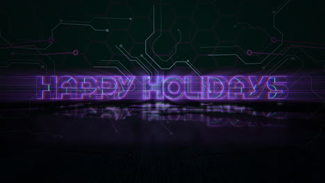 futuristic neon sign happy holidays in glowing purple and blue lights with circuit board background