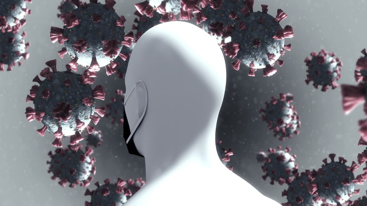 배경에 있는 3d 인간 모델 위에 떠다니는 거대 코로나바이러스 세포의 애니메이션 4k