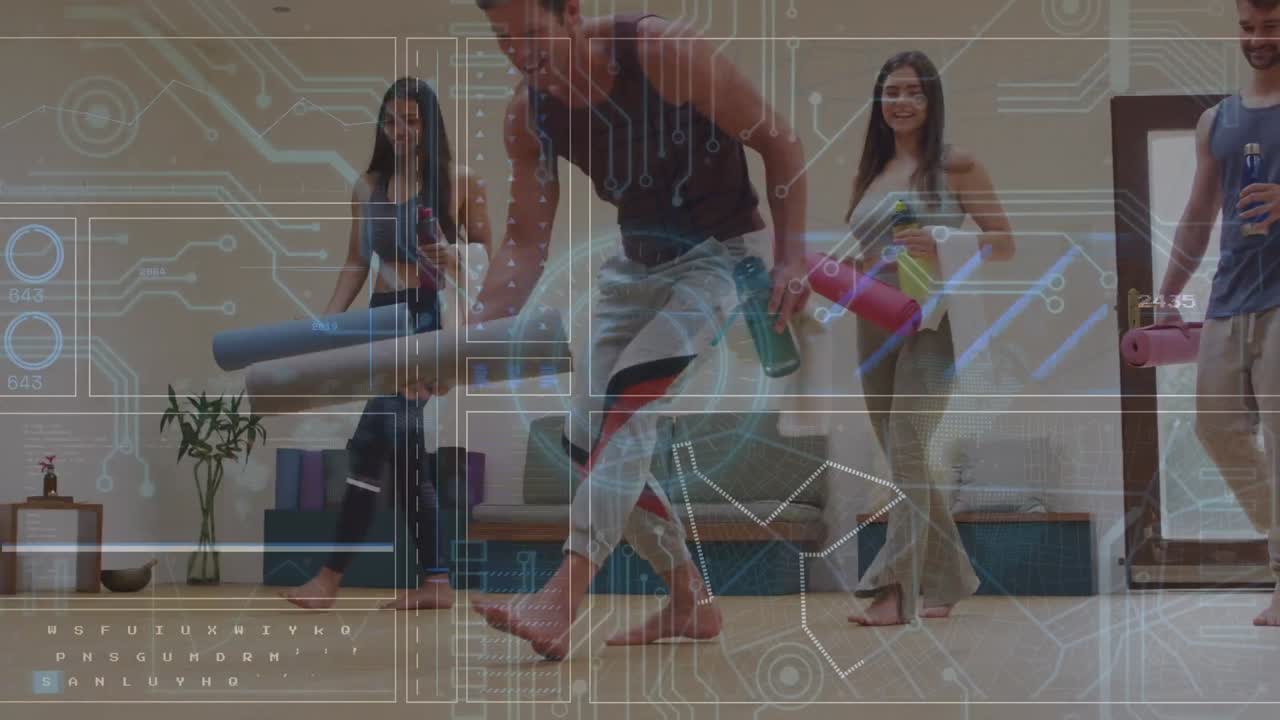 animación de datos en pantalla digital sobre diversas personas que se preparan para practicar yoga