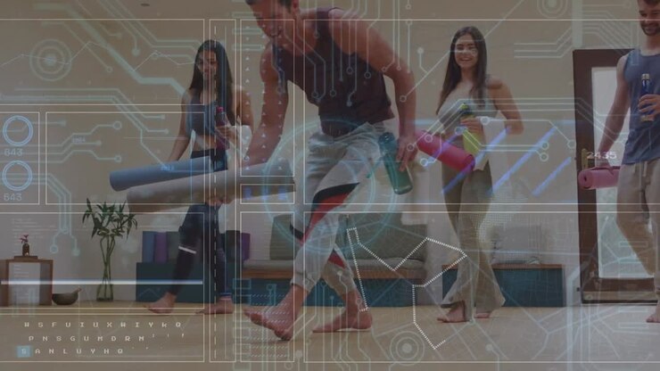 Animation of data on digital screen over diverse people preparing for practicing yoga
