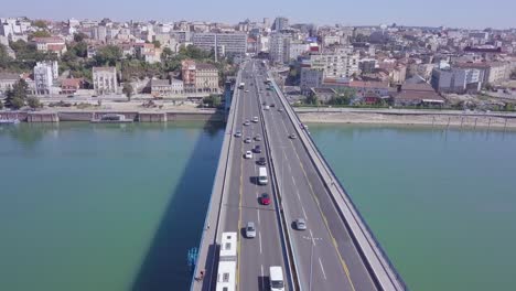branko bridge and sava river in belgrade's city centre, aerial 4k shot