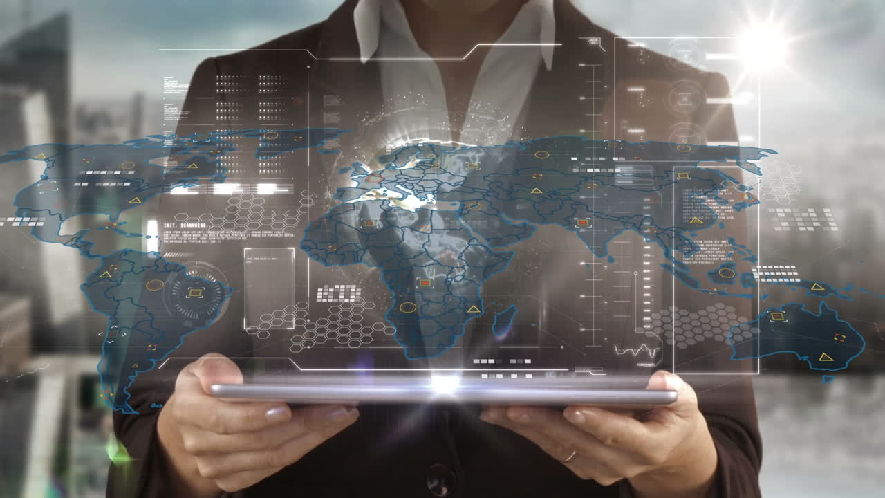 Animation of data processing over biracial woman using smartphone