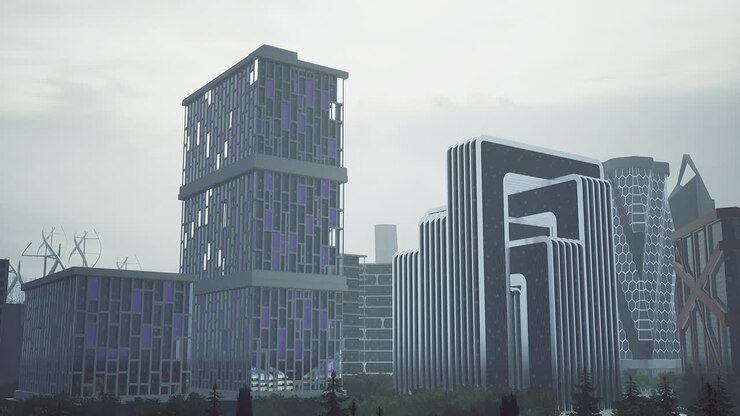 Maravilhas arquitetônicas modernas em uma paisagem urbana futurista com vegetação