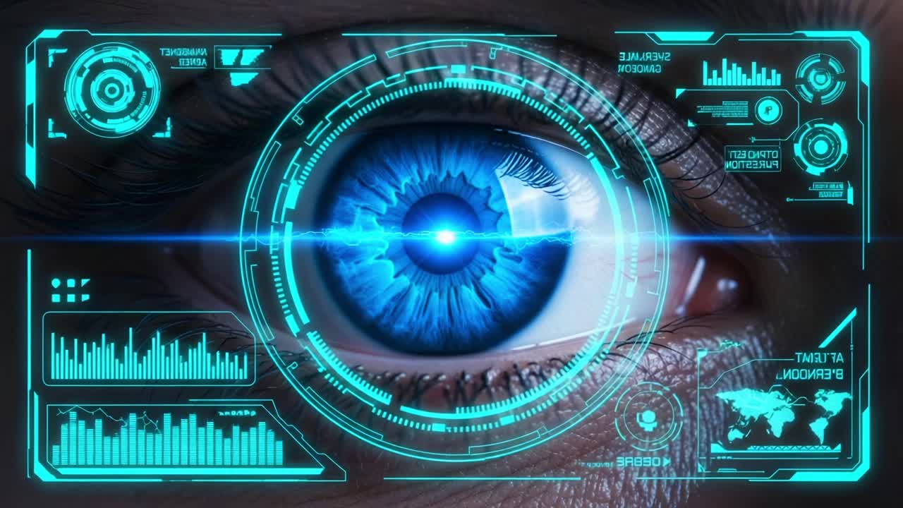 A High-Tech Close-Up of a Human Eye Enhanced with Digital Interfaces and Augmented Reality Elements Showcasing Advanced Eye Tracking Technology