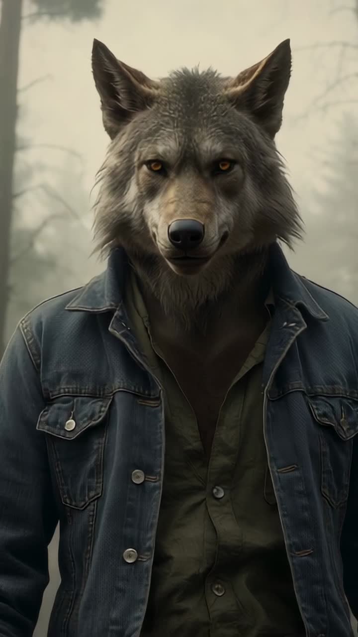 Vertical video: Showing wolf standing still in foggy forest, wearing denim jacket, button-up shirt