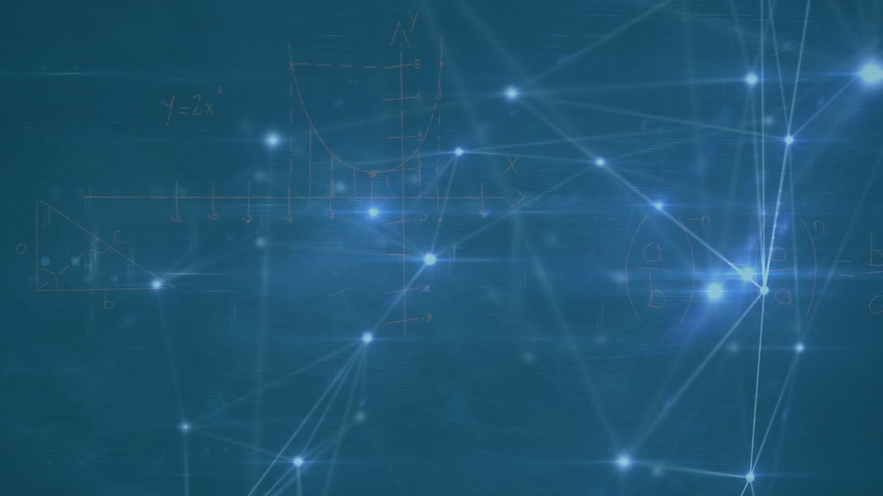 animación de la red de conexiones y ecuaciones matemáticas sobre fondo azul