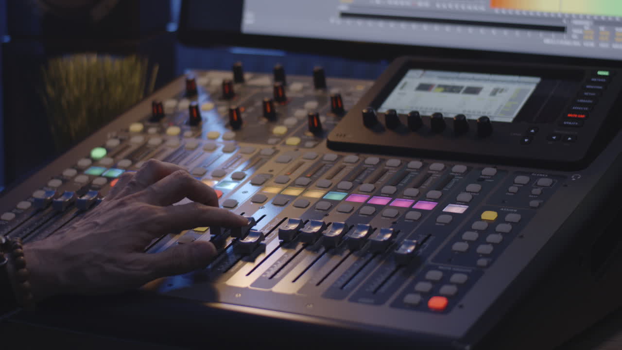 Sound Engineer Operating Mixing Console Close up Shot of Audio Engineer Operating Mixing Console