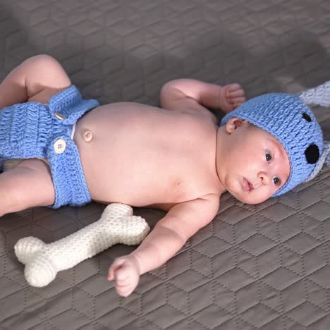 sweet baby lying on the big bed in a costume of a puppy. naked baby in the diaper and cap on the bed. view from above