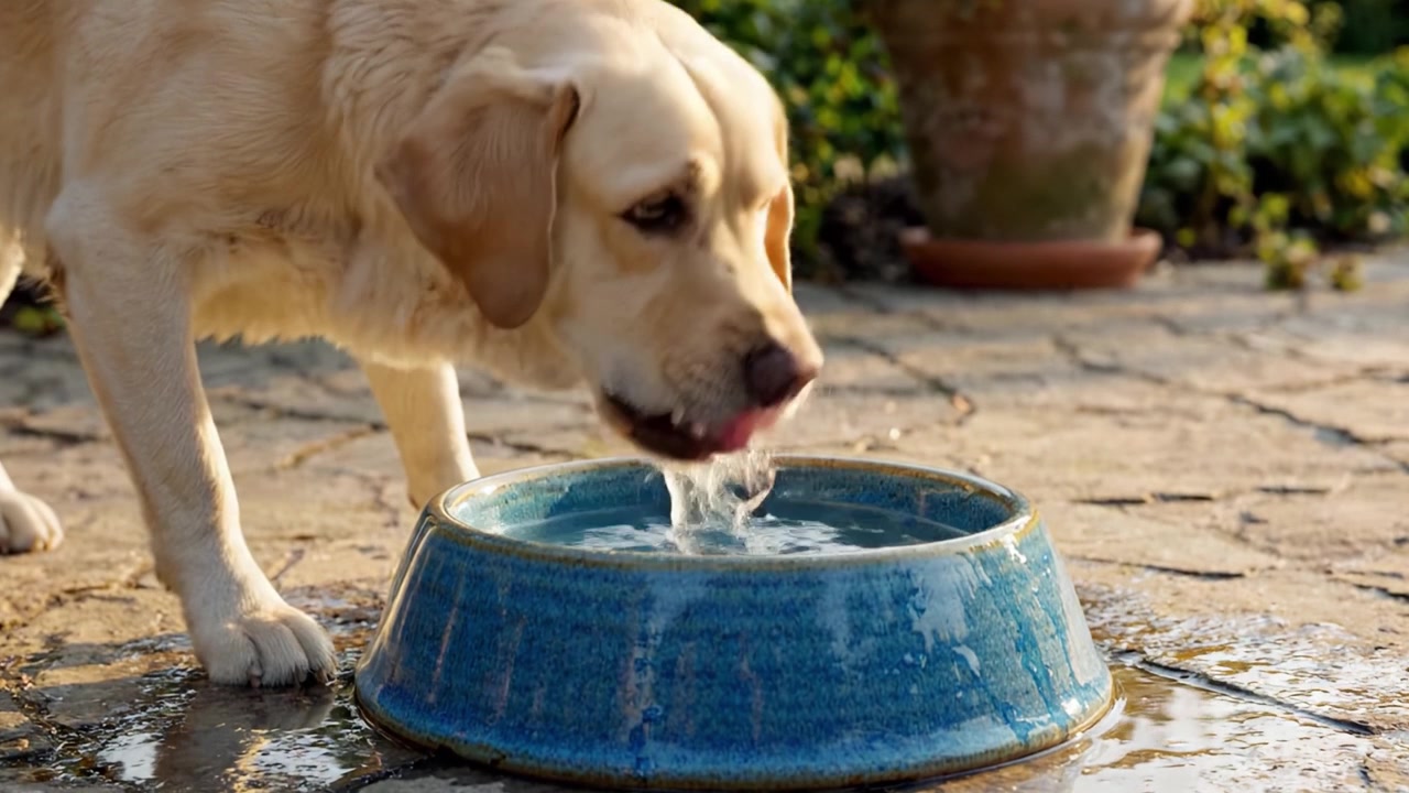 Um Labrador Curioso Pegando Água de uma Tigela: Capturando a Alegria da Hidratação no Abraço da Natureza Durante um Dia Ensolarado