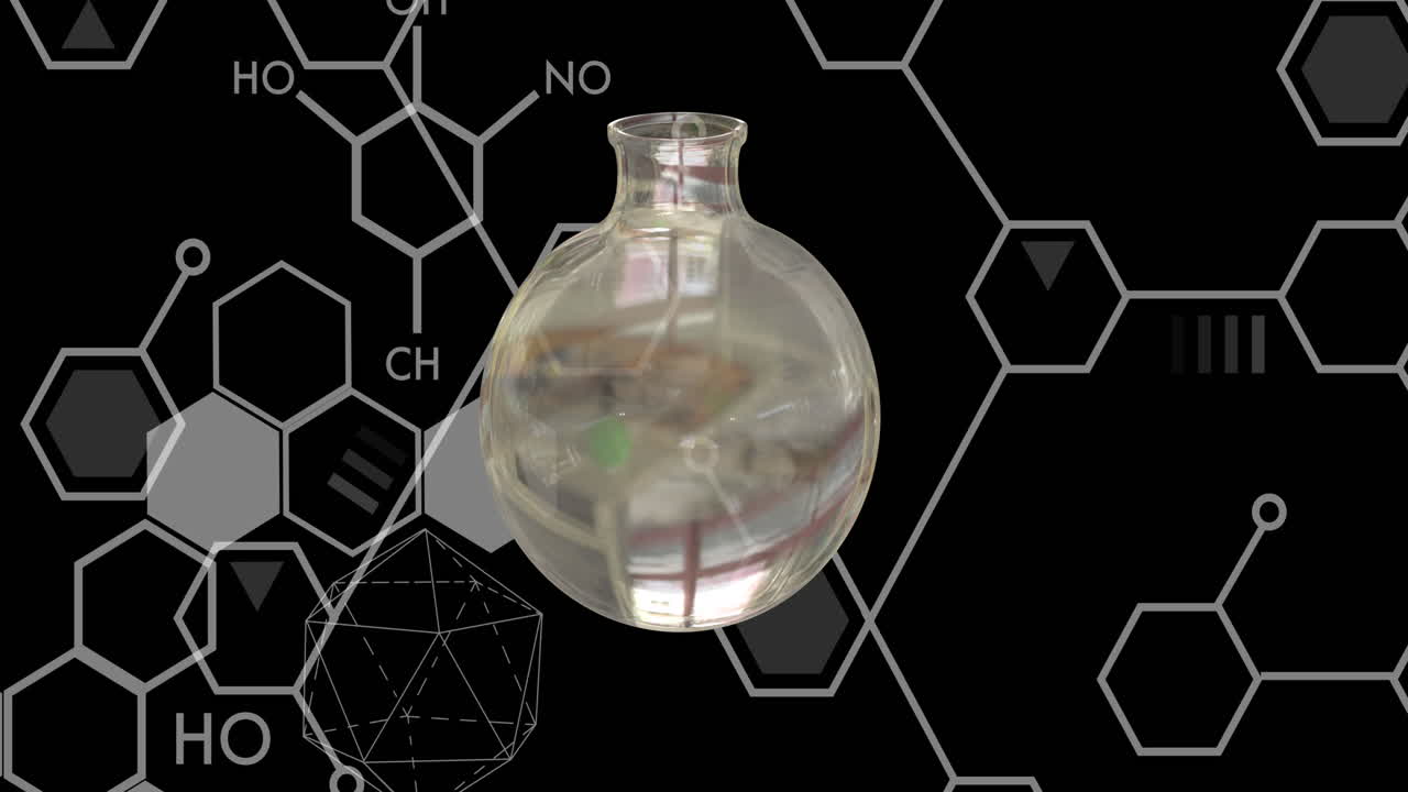 검은색 배경 위에 실험실 플라스크와 dna 줄무 다이어그램의 애니메이션