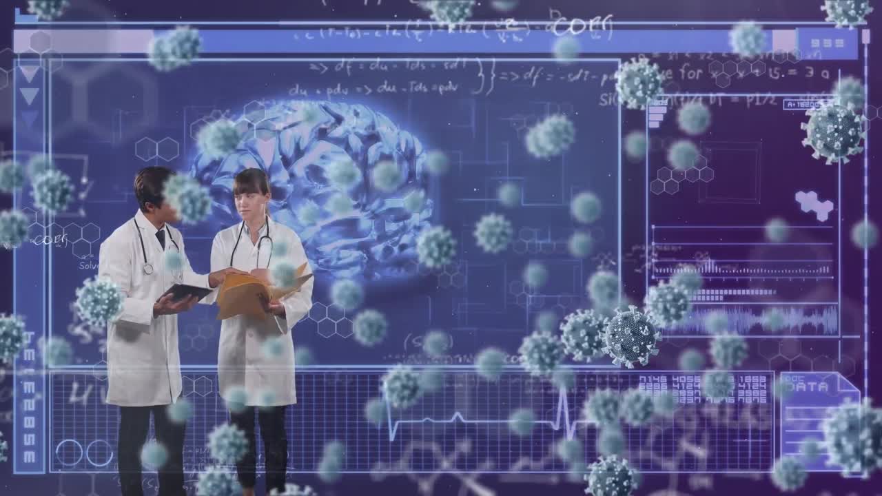 바이러스 세포가 떨어지고 의료진이 데이터를 처리하는 애니메이션