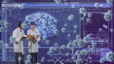 animation of viruses cells falling and data processing over medical staff