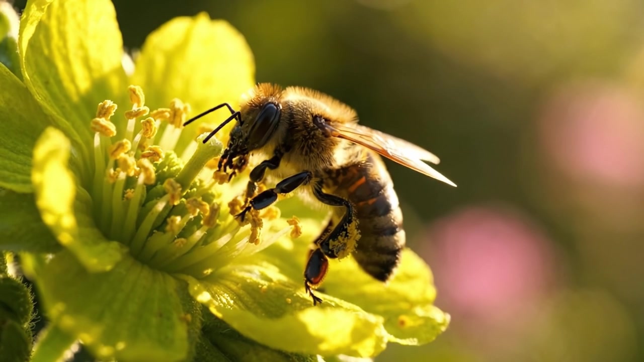 Eine Nahaufnahme einer Biene und einer blühenden Blume, die die Schönheit der Natur und den Bestäubungsprozess im sanften Morgenlicht einfängt.