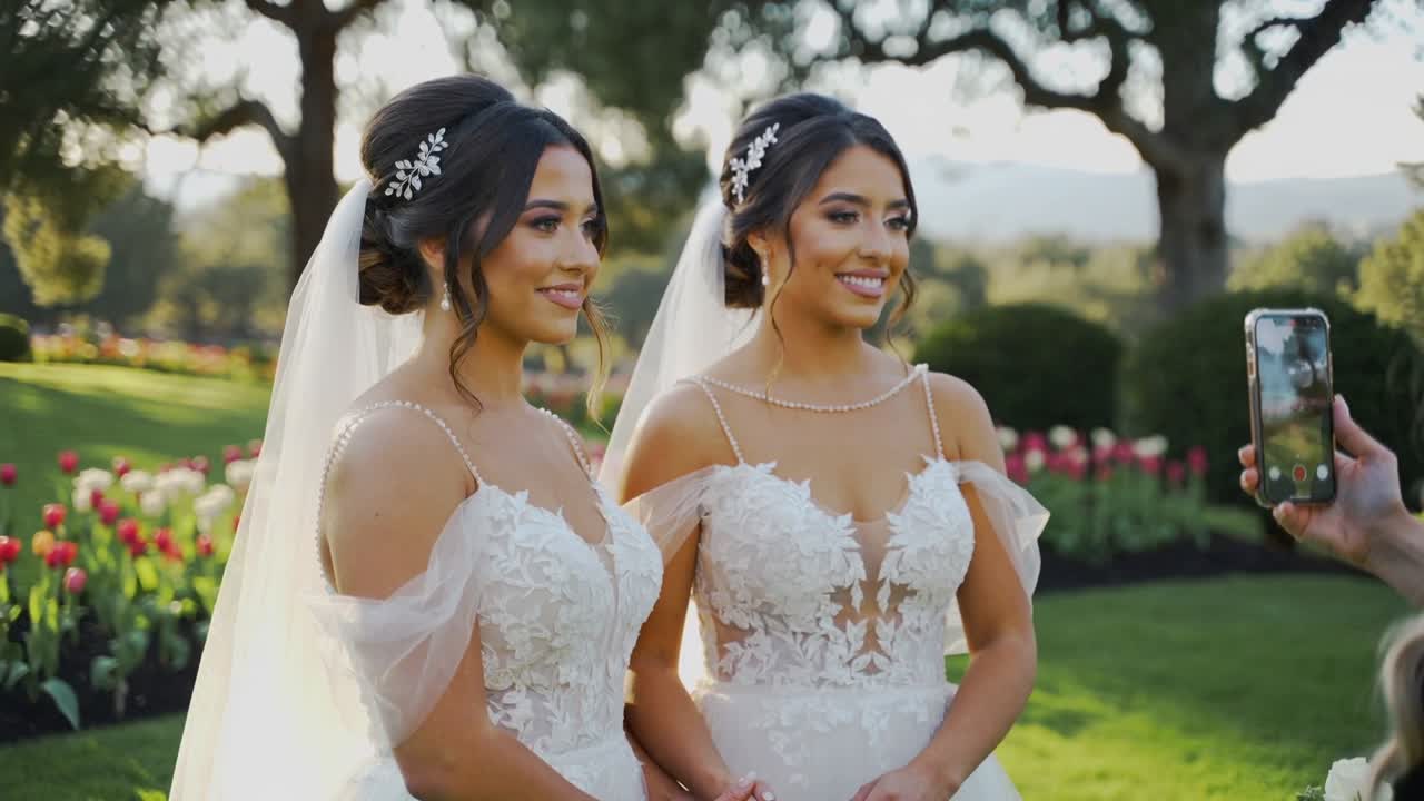 Smartphone levé, une personne filme deux mariées en robes de mariée, posant dans un jardin, se tenant la main