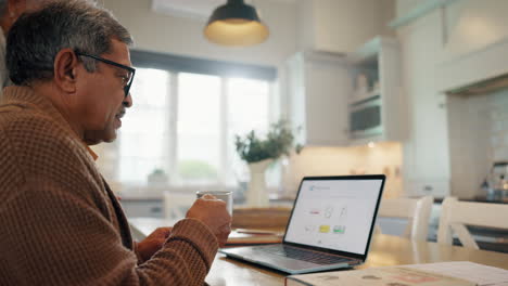 Senior,-Pareja-Y-Café-Con-Laptop-En-La-Cocina