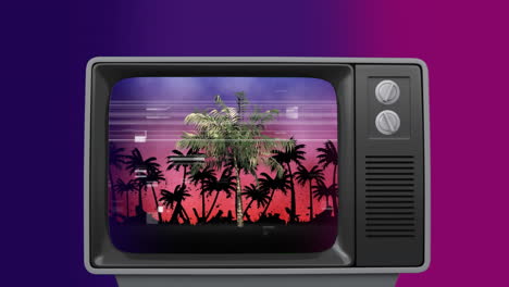 la televisión retro muestra palmeras árboles chisporroteando