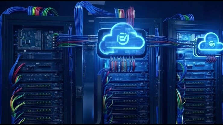 Camera Moving Through Modern Data Center Server Room with Glowing Cloud Icons