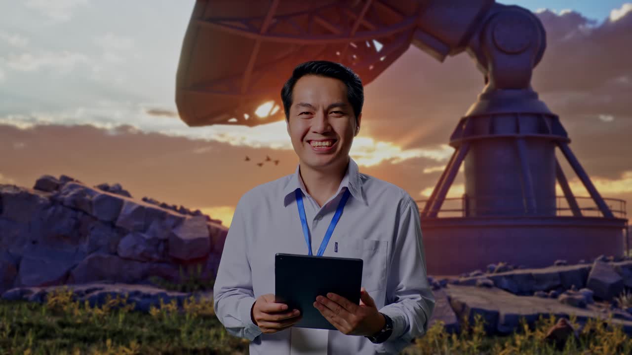 Asian Male Professional Worker Standing With His Tablet With Large Satellite Dish, He Is Looking At The Camera With A Smile