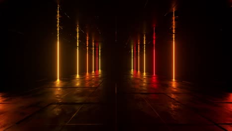 futuristischer sci-fi-hintergrund. rote orangefarbene neonlichter leuchten in einem raum mit betonboden mit reflexionen des leeren raumes. alien, raumschiff, zukunft, bogen. fortschritt. 3d-animation einer nahtlosen schleife.