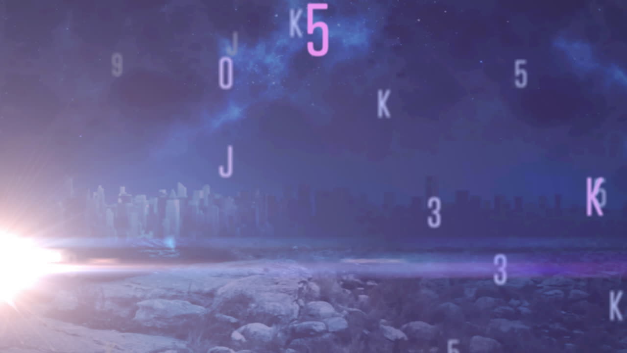 анимация падающих чисел и букв над городским пейзажем