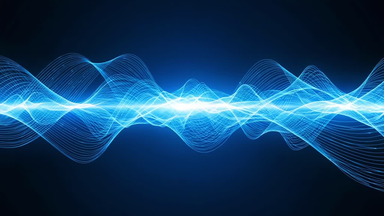 Dynamic Blue Waveforms Transmitting Energy and Information with Fluid Motion in a Dark Background, Representing the Essence of Sound and Light Frequencies