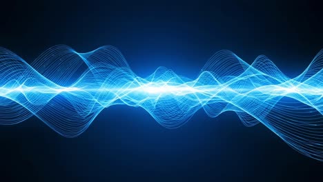 dynamic blue waveforms transmitting energy and information with fluid motion in a dark background, representing the essence of sound and light frequencies