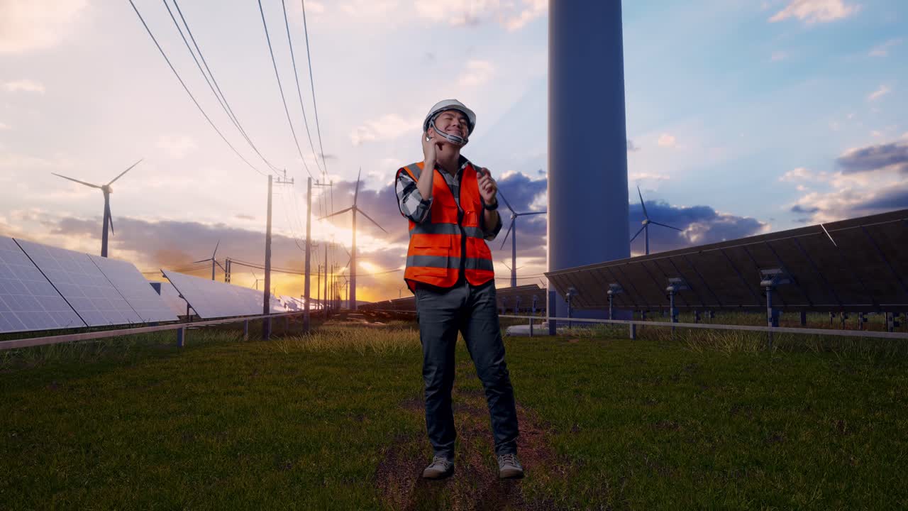 Full Body Of Asian Male Engineer With Safety Helmet Screaming Goal And Dancing Celebrating With Solar Panel and Wind Turbines