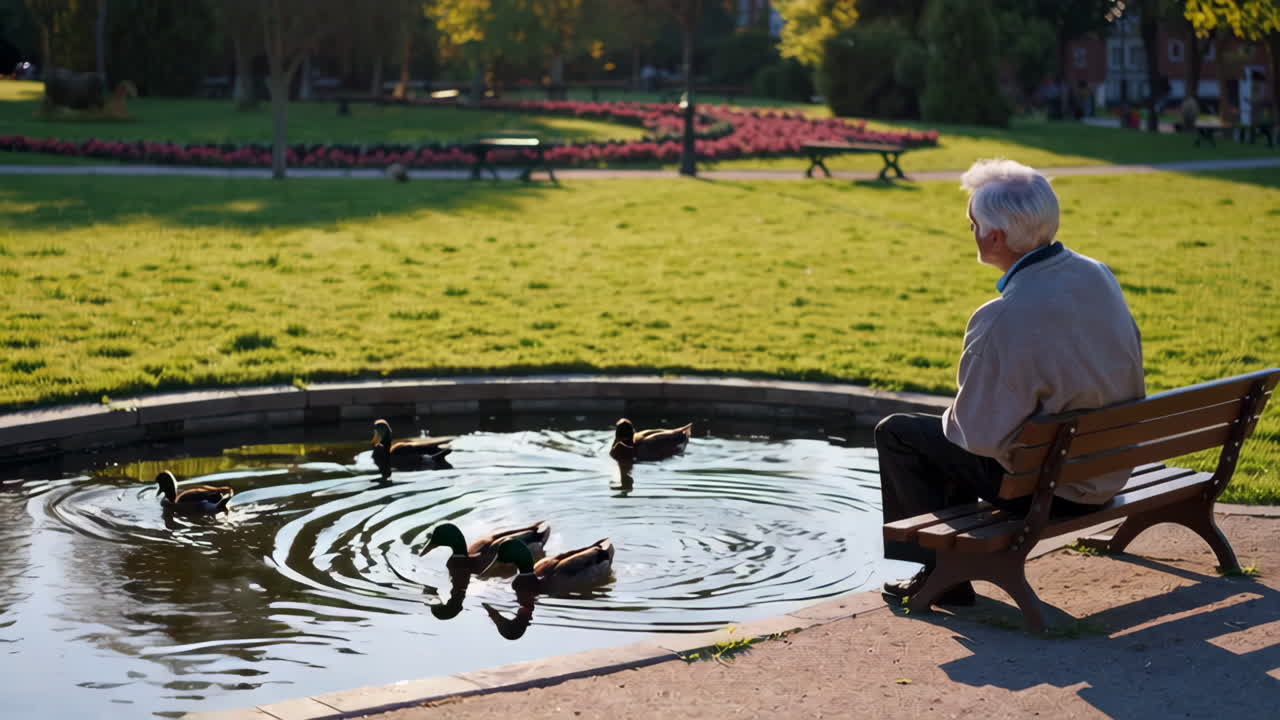 Senior Man Feeding Ducks in a Park Pond