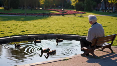senior man feeding ducks in a park pond