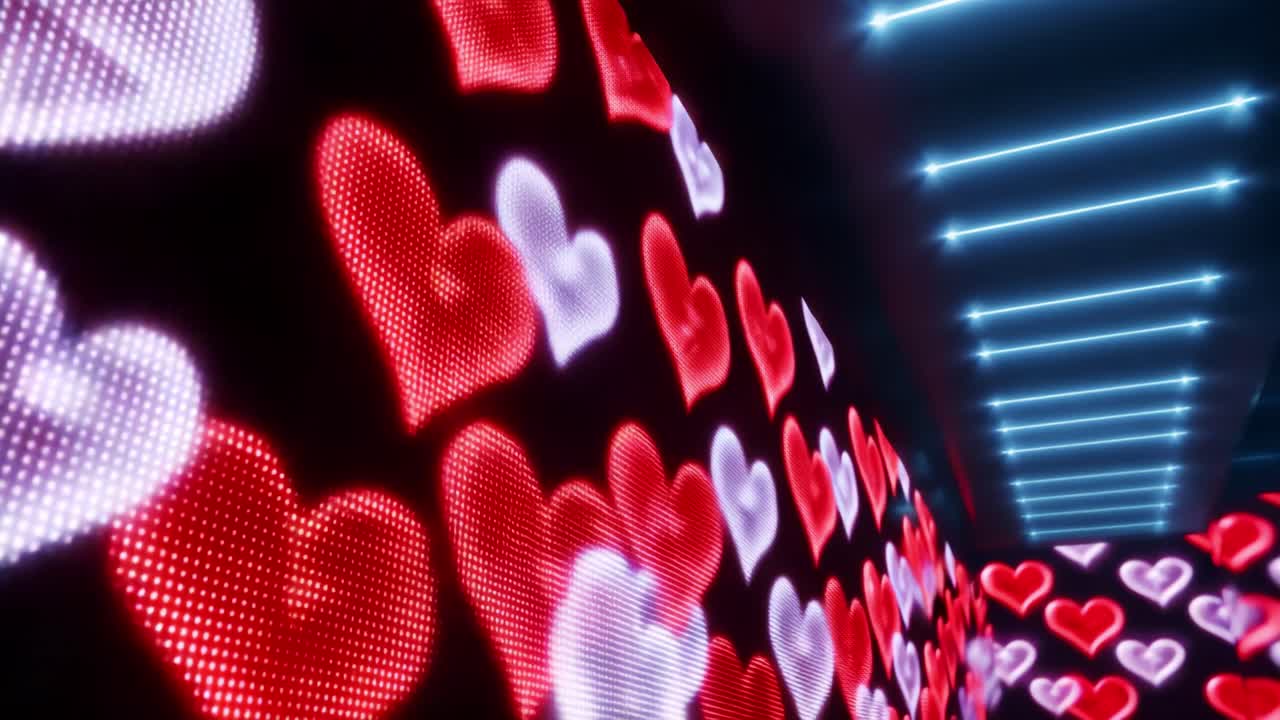 A Captivating Display of Colorful LED Hearts Illuminating a Modern Corridor, Creating a Romantic and Inviting Atmosphere with Vibrant Shades of Red, Pink, and White Set Against a Sleek Background