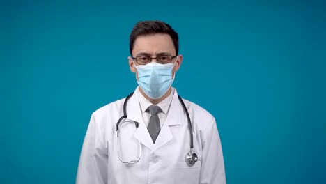 a doctor wearing a medical mask and lab coat with a stethoscope on a blue background