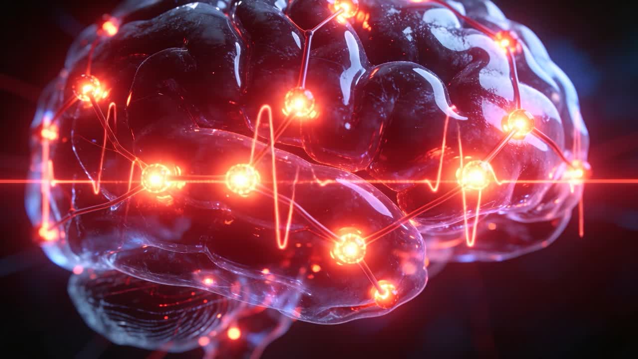 Pulsing translucent brain model simulating waveform peak sparking red nodes pulsing across cortex