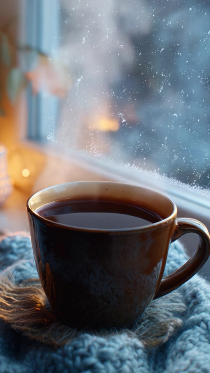 Confort cálido: Una hermosa taza de café humeante en un acogedor día de invierno junto a la ventana con cristal escarchado, creando una atmósfera perfectamente invitadora.