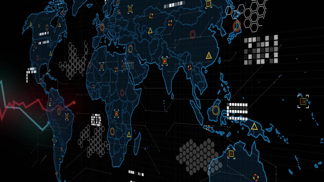 Opening with neon-blue outline expanding, world map icons grids chart and blocks animating for data