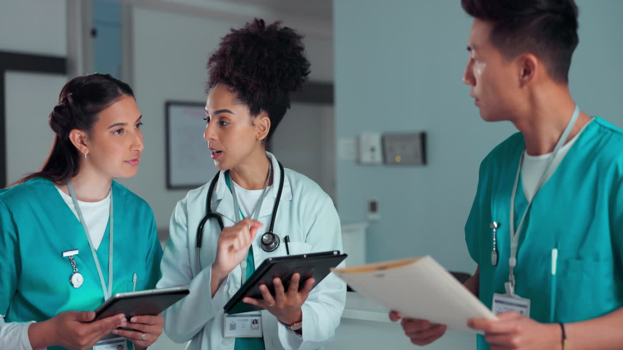 Teamwork, documents and doctors on tablet