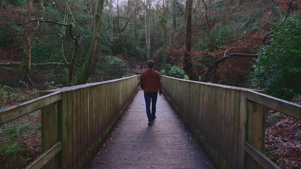 hombre caminando por el puente del bosque a cámara lenta