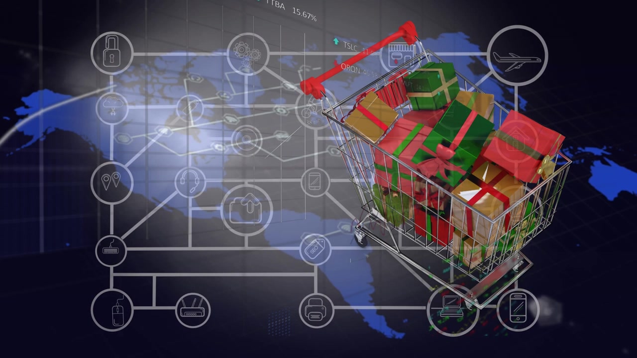 Animation of network of connections and data processing over shopping cart with presents