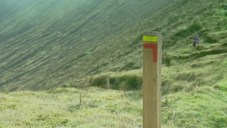 a trail marker post with soft focus joggers in the background