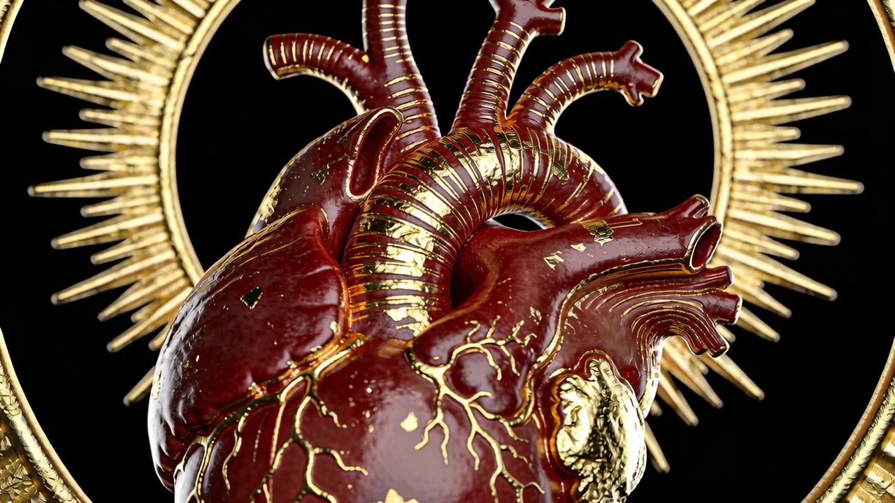 La telecamera si allontana rivelando una scultura a forma di cuore rosso con aureola dorata e venature, in studio, che mostra un luccichio.